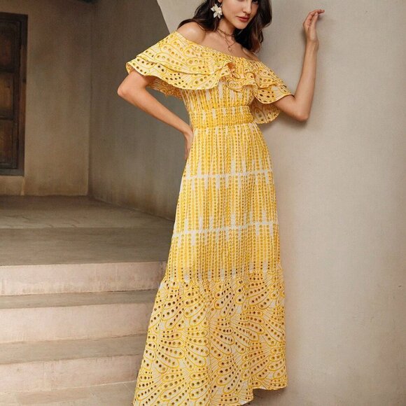 Yellow Party Women's Light Hollow Out Romantic Strapless Dress - Picture 7 of 7